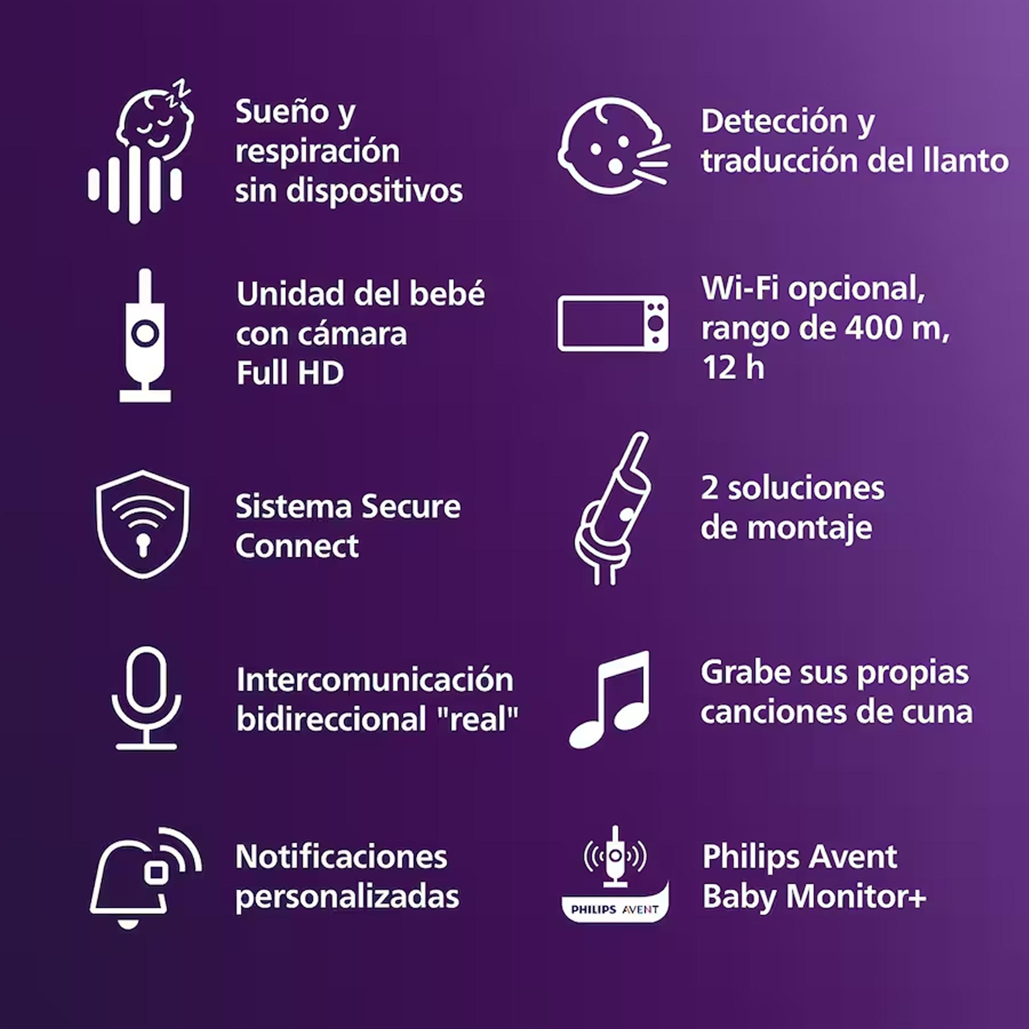 Vigilabebés conectado premium Philips Avent, seguimiento del sueño y respiración sin dispositivos, detección llanto, pantalla 5" - Nácar Nácar-8