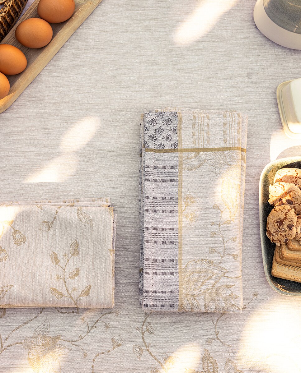 Servilleta de lino jaquard motivos florales - Beige Beige-5