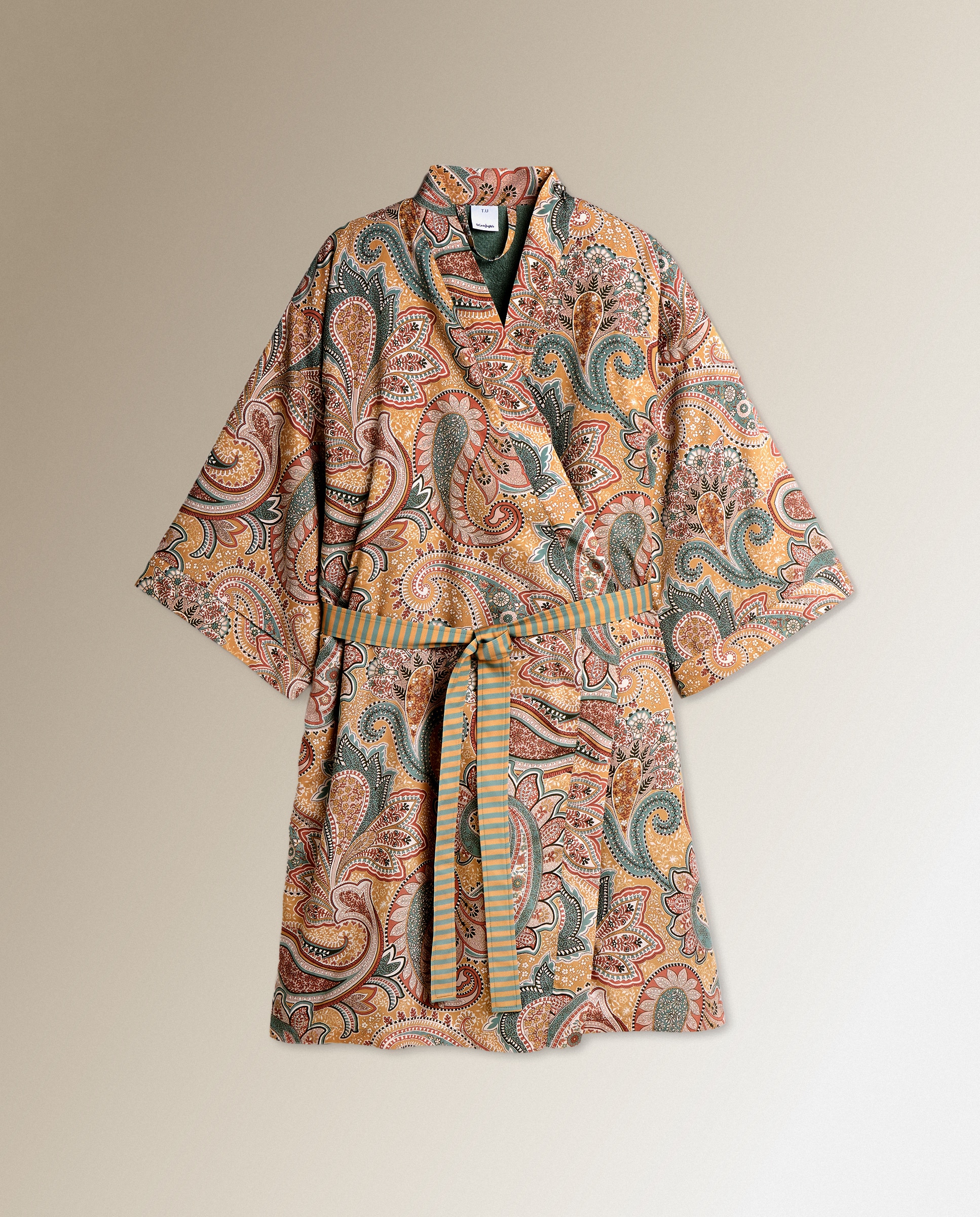 Albornoz kimono algodón 300 gr/m2 Paisley - Mostaza Talla única Mostaza-2