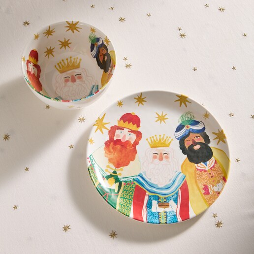 Juego de plato de postre y bowl de melamina Reyes Magos Navidad