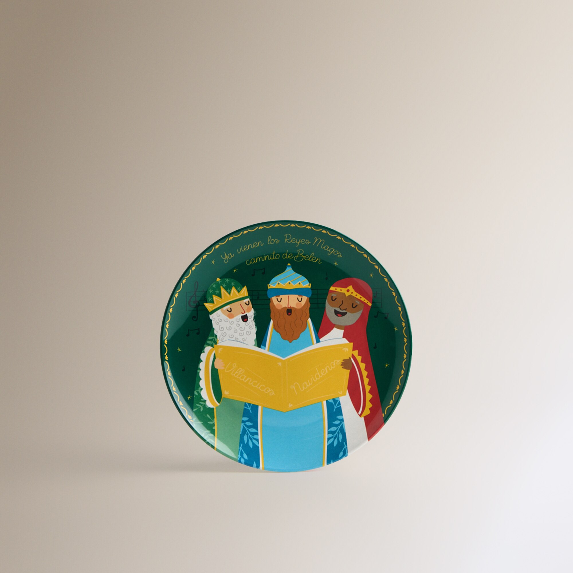 Plato de postre de melamina Reyes Magos Villancicos Verde-2