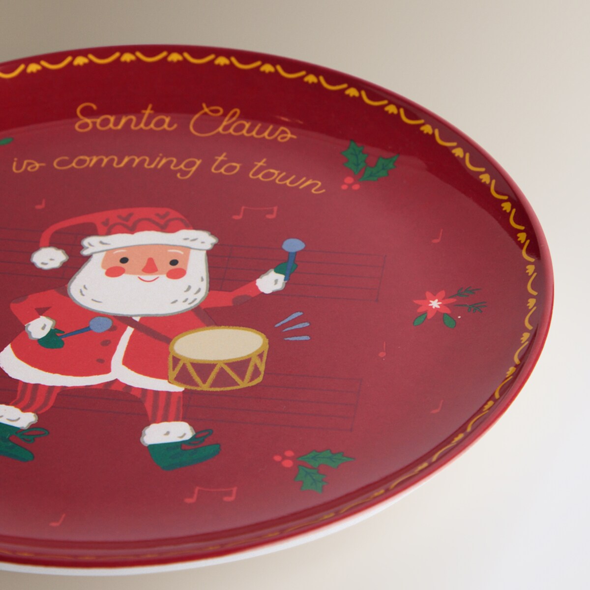 Plato de postre de melamina Papá Noel con tambor Rojo-4