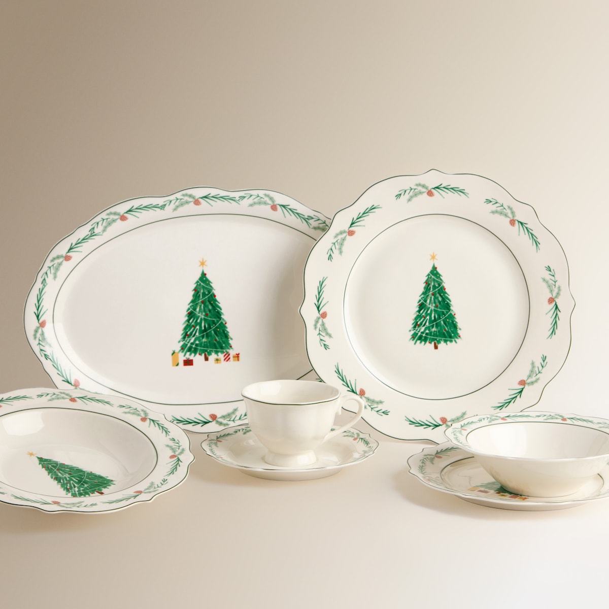 Chávena com Prato Árvore de Natal Verde-4