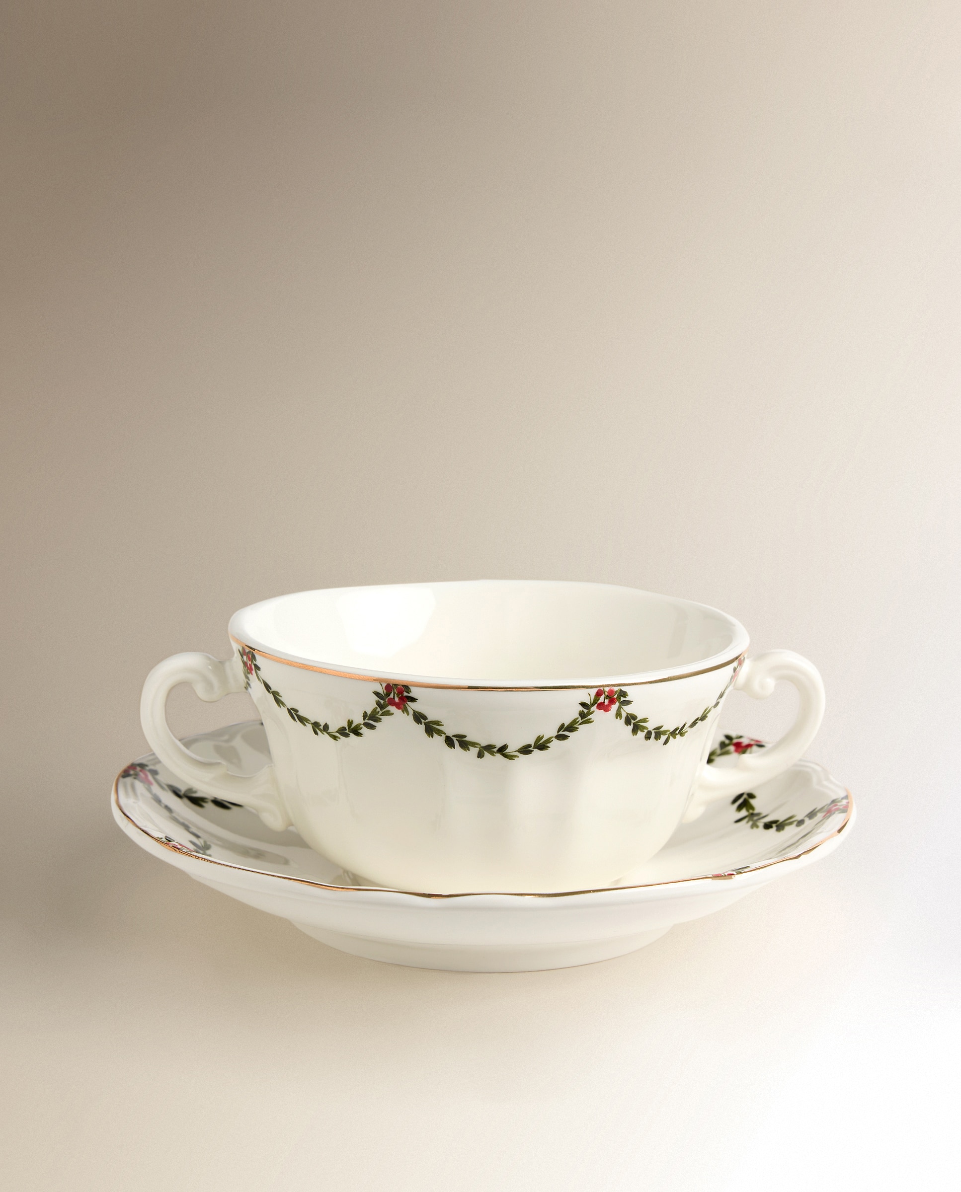 Chávena de Consommé com Prato Mistletoe Natal Cru-2