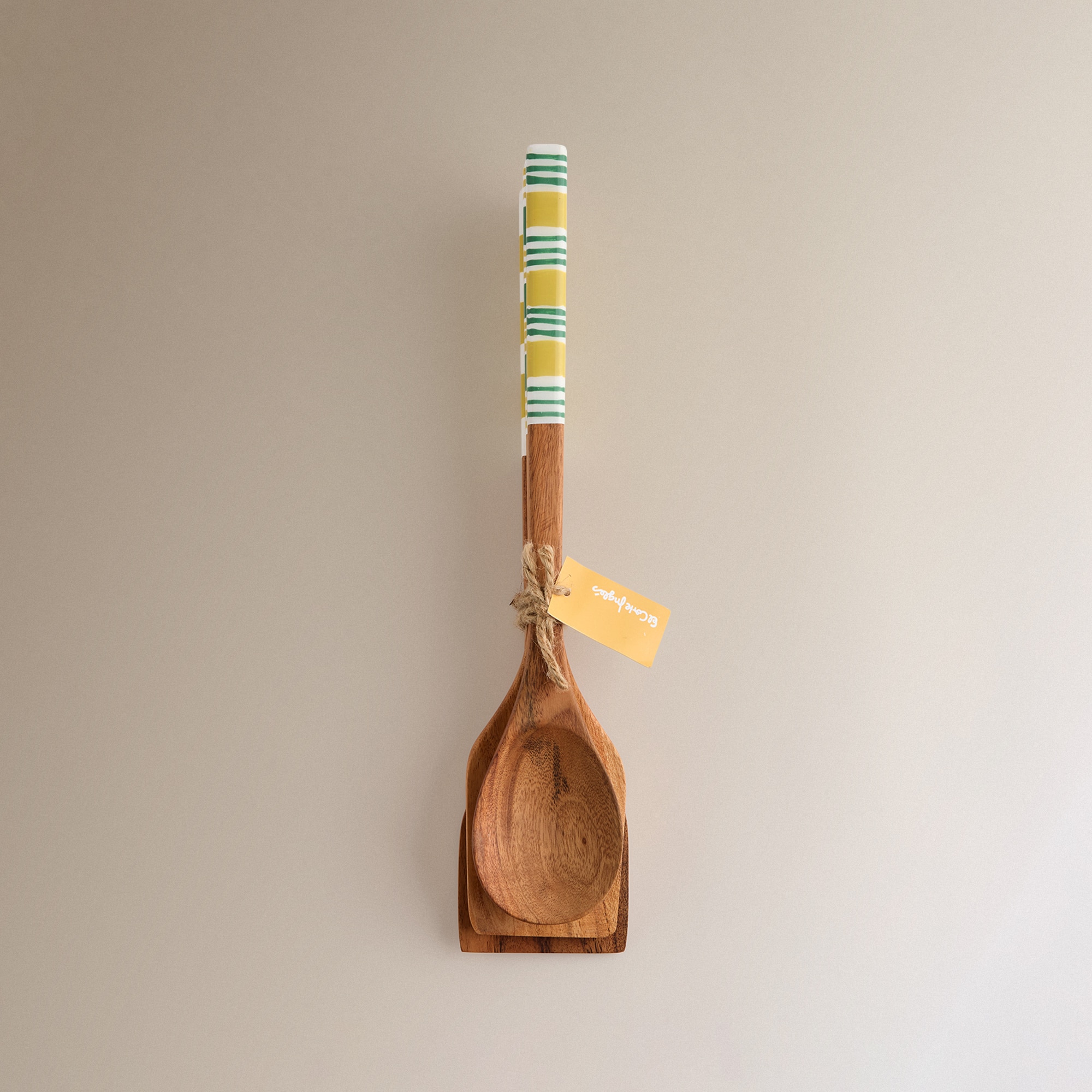 Conjunto de 3 Utensílios de Cozinha de Madeira Pintados à Mão Natural-3