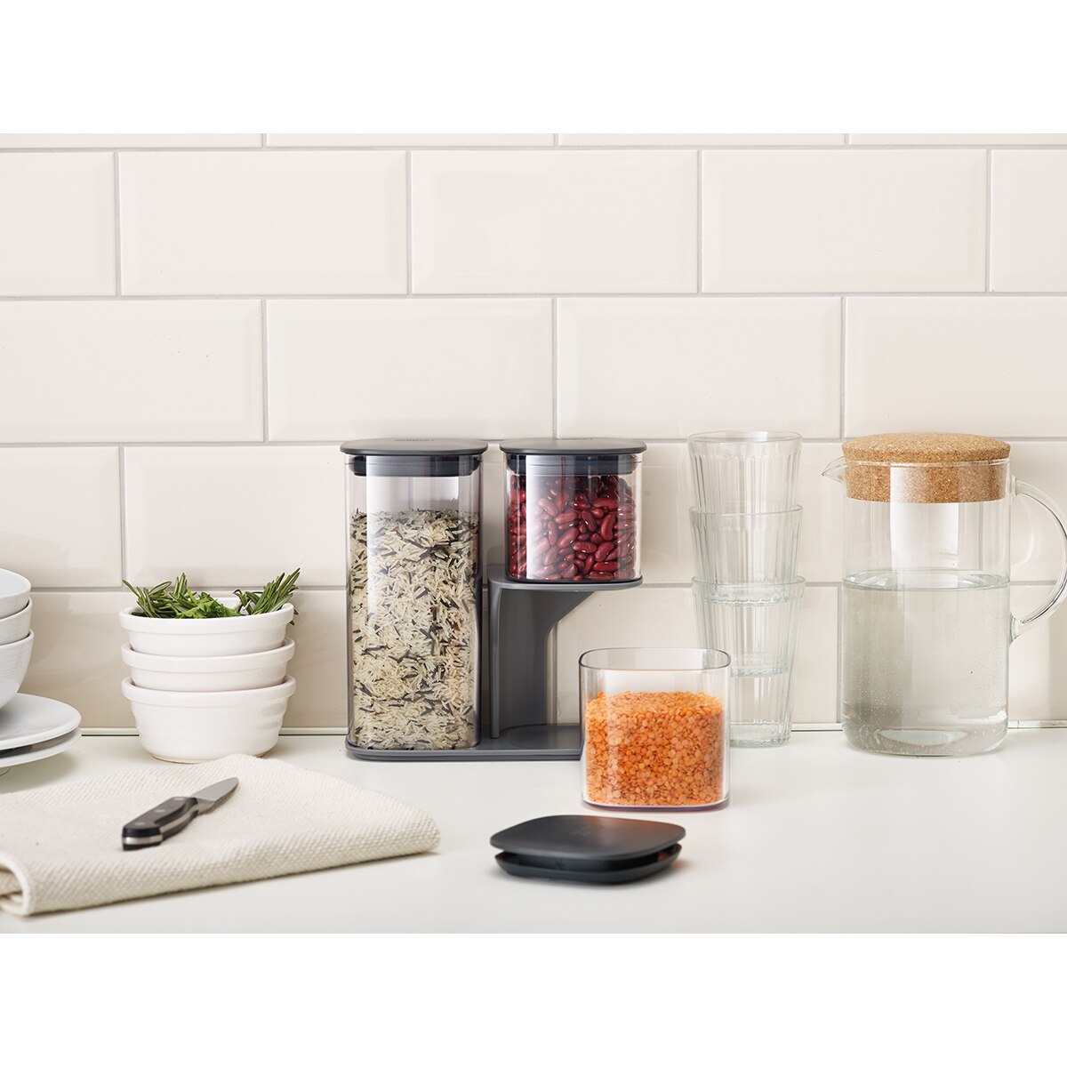 Conjunto de 3 Frascos de Cozinha com Suporte Podium Transparente-5