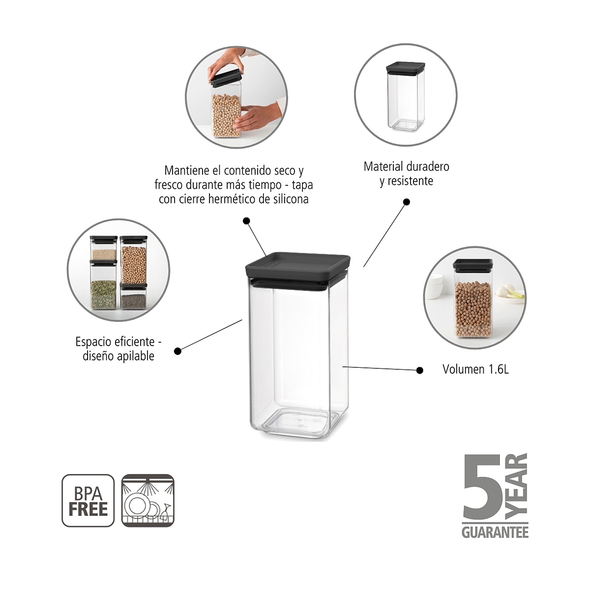 Imagen 2 de Bote apilable Tasty+ Brabantia - Gris oscuro 1,6 litros Gris oscuro