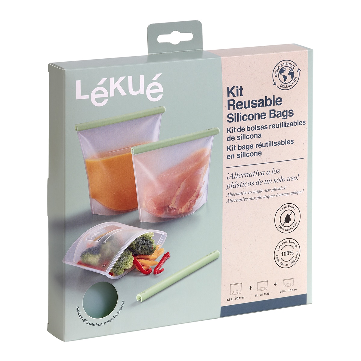 Conjunto de 3 sacos reutilizáveis de silicone Reduce & Reuse Transparente-3