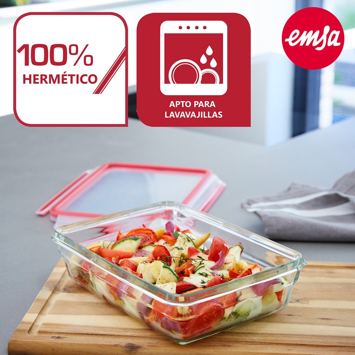Recipiente hermético rectangular de vidro Clip & Close Glass Emsa Vermelho-10