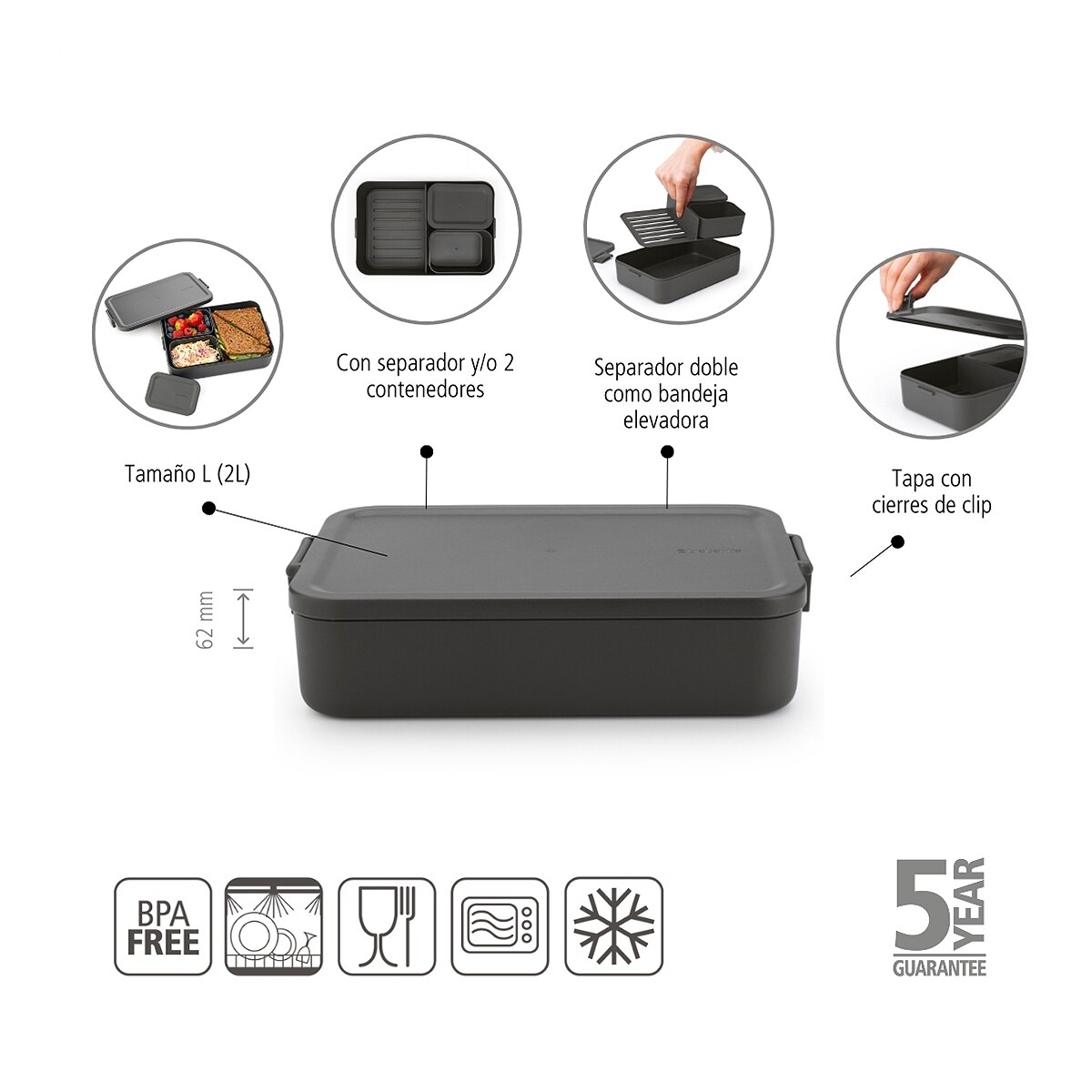 Hermético Bento con 2 compartimentos Make & Take Brabantia - Gris oscuro Gris oscuro-5