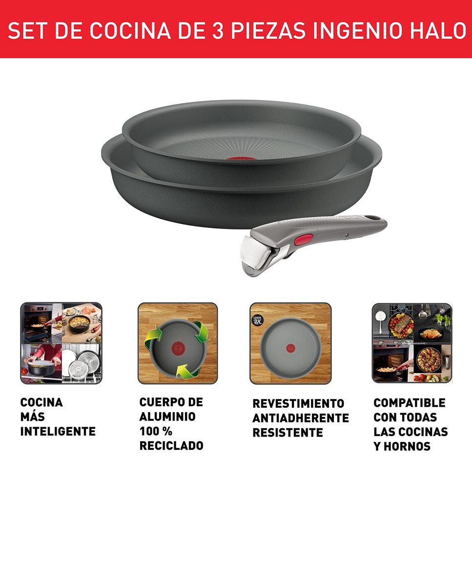 Ingenio Halo, Set de cocina de 3 piezas, Sartenes 22/26 cm, Mango extraíble, Revestimiento Antiadherente, Gris Negro-2