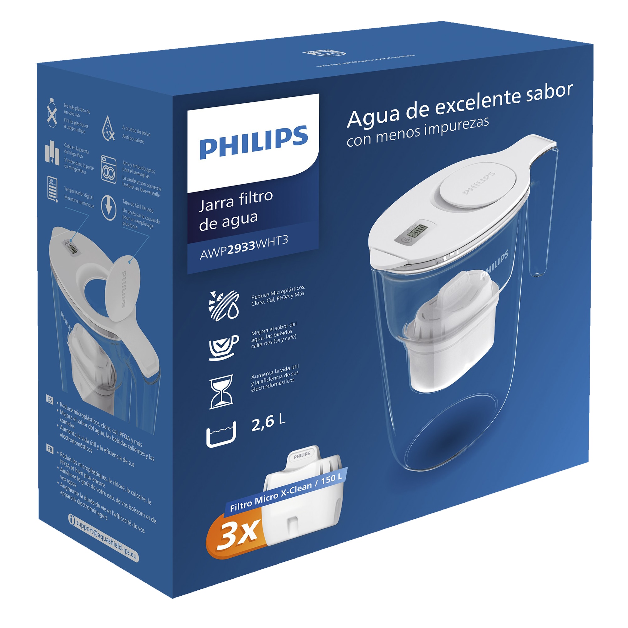 Jarra de agua AWP2933WHT3 + 3 filtros Micro Clean X Philips Water Solutions Blanco-12