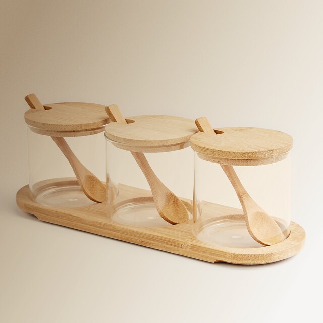 Imagem 0 de Conjunto de 3 recipientes com colher de vidro e bambu