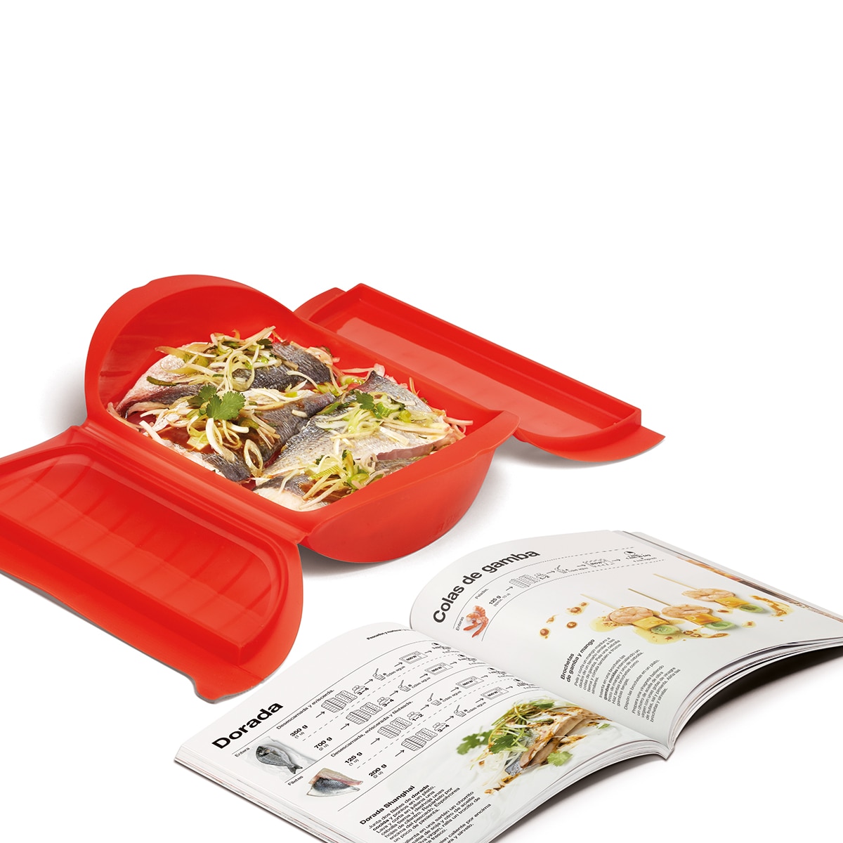 Kit de estojo de vapor de 3-4 pessoas com bandeja Lékué + livro Vermelho-5