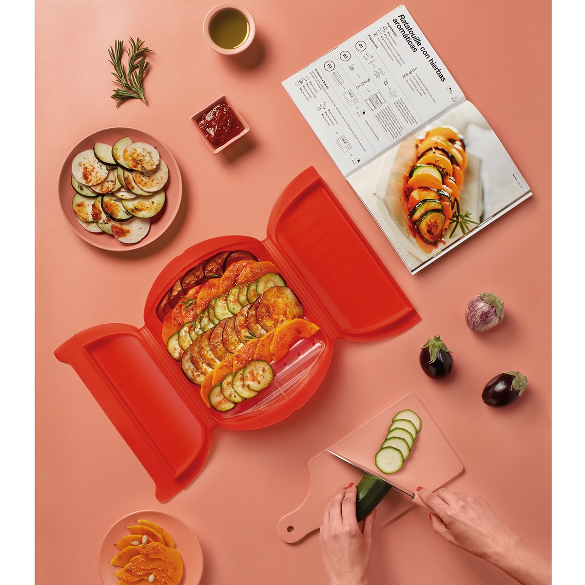 Kit de estojo de vapor de 3-4 pessoas com bandeja Lékué + livro Vermelho-6