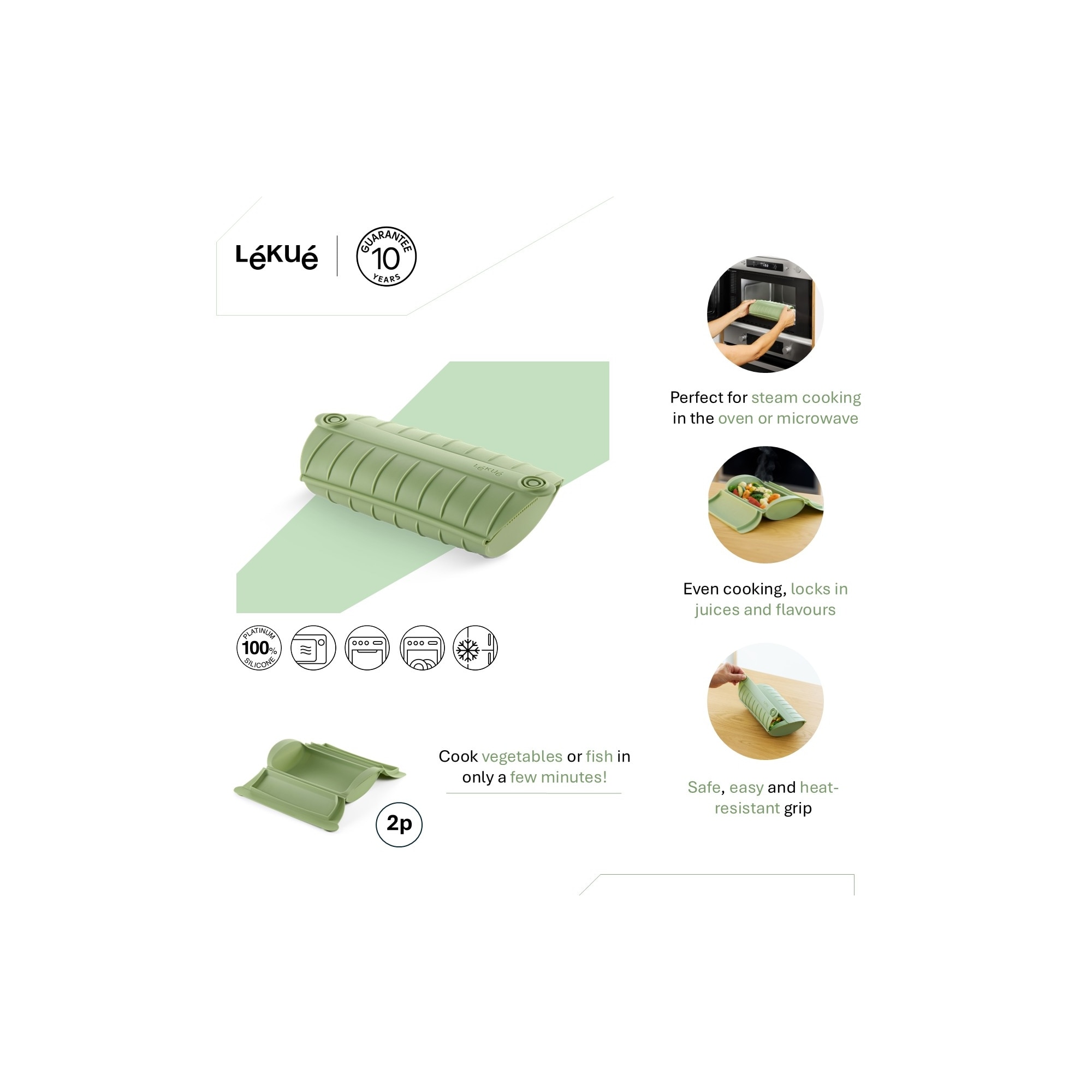 Estojo de vapor em silicone para 2 pessoas Lékué Verde-6