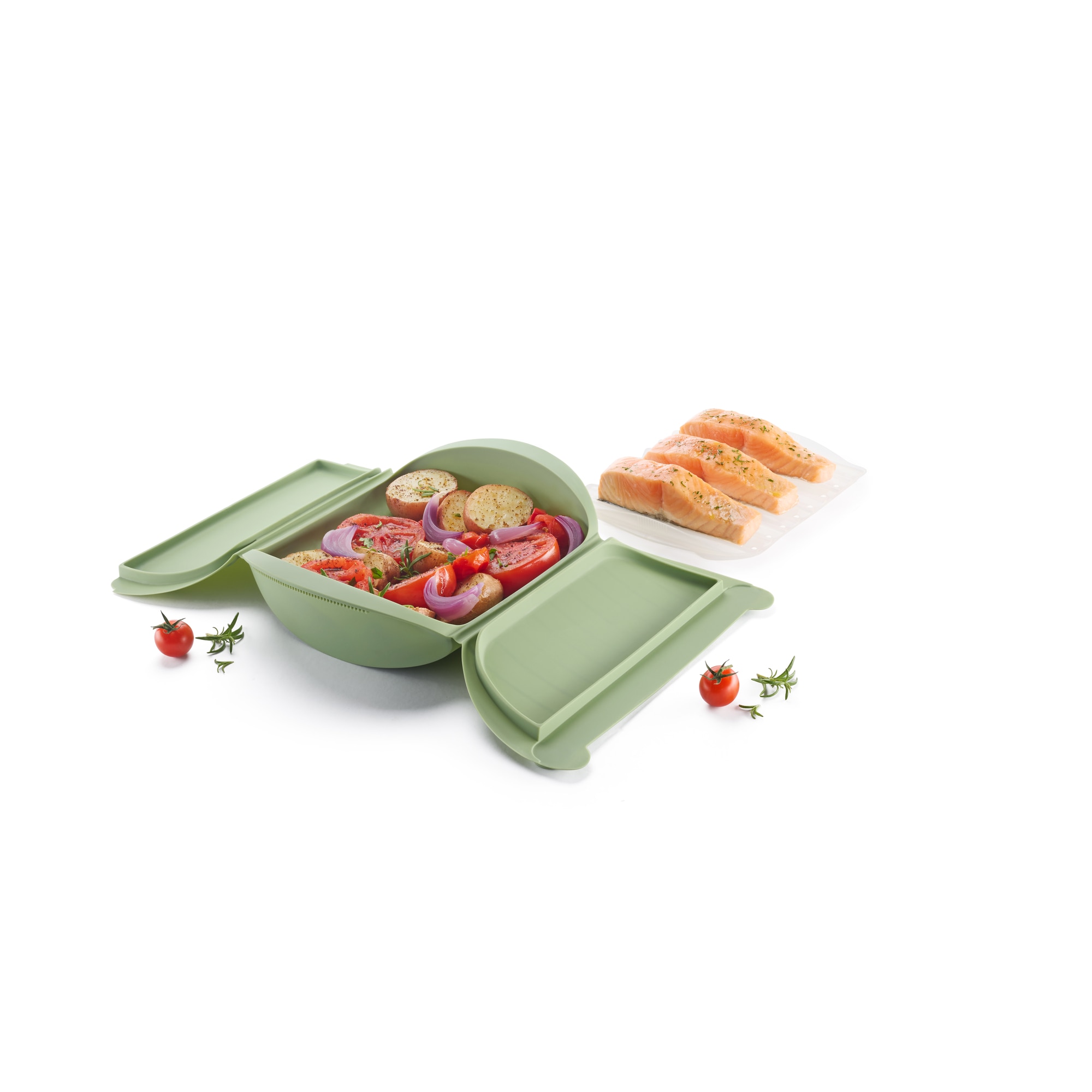 Estojo de vapor em silicone com tabuleiro para 4 pessoas Lékué Verde-5