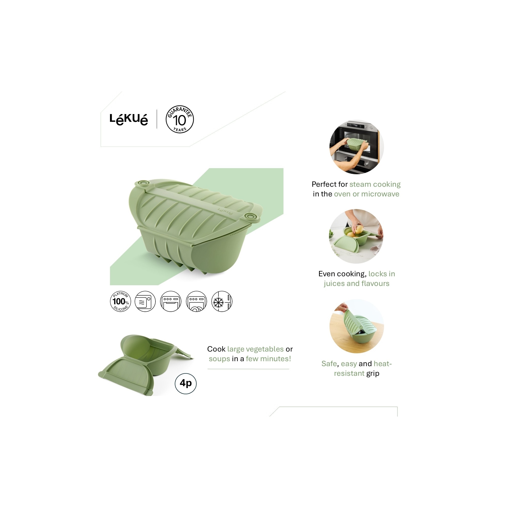 Estojo de vapor em silicone fundo para 4 pessoas Lékué Verde-6