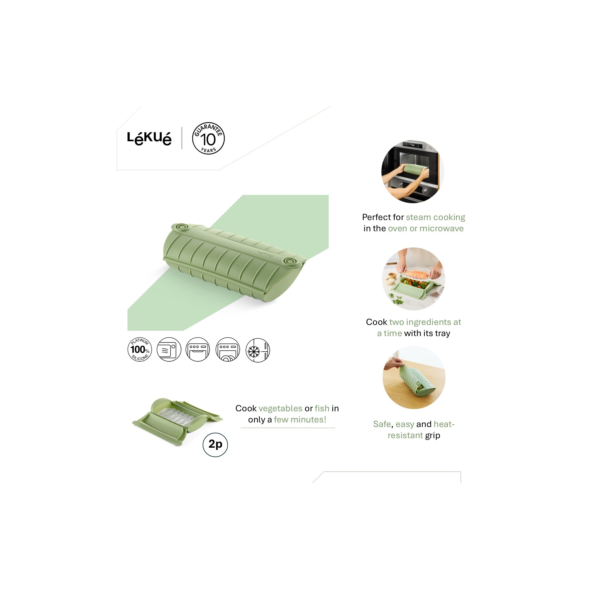Estojo de vapor em silicone com tabuleiro para 2 pessoas e livro de receitas Lékué Verde-4
