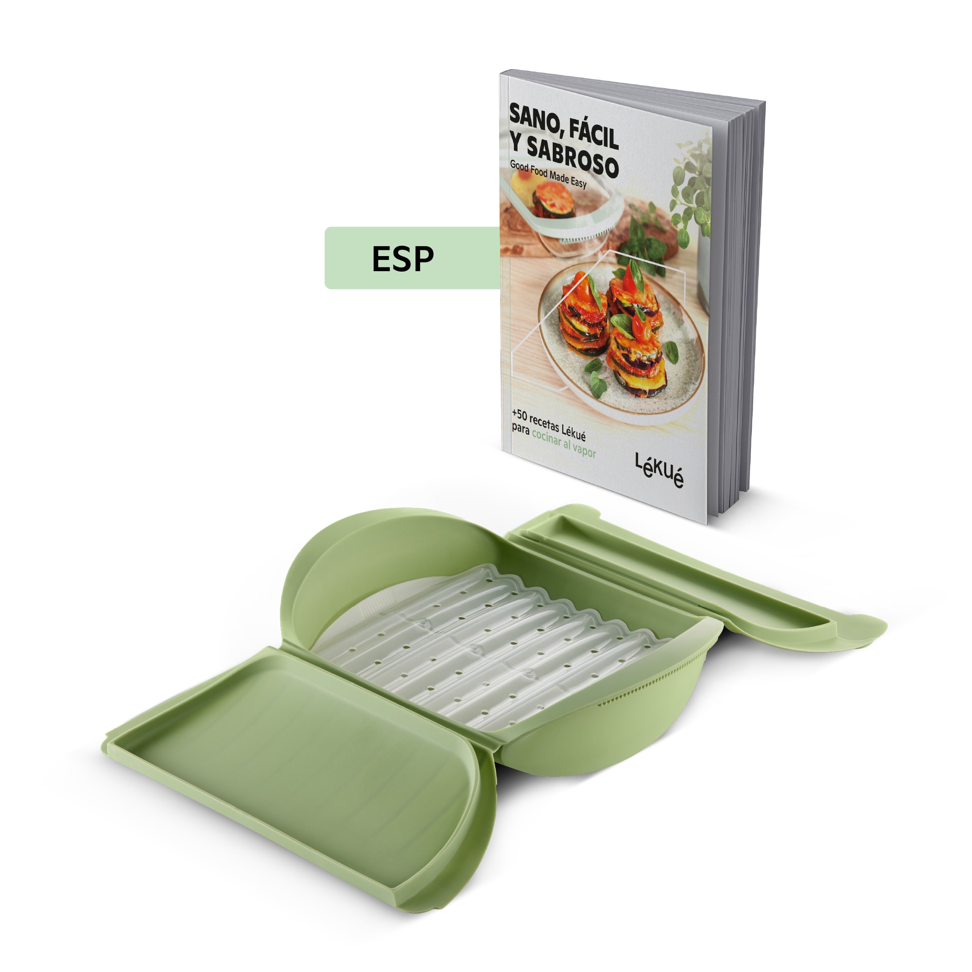 Estojo de vapor em silicone com tabuleiro para 4 pessoas e livro de receitas Lékué Verde-2