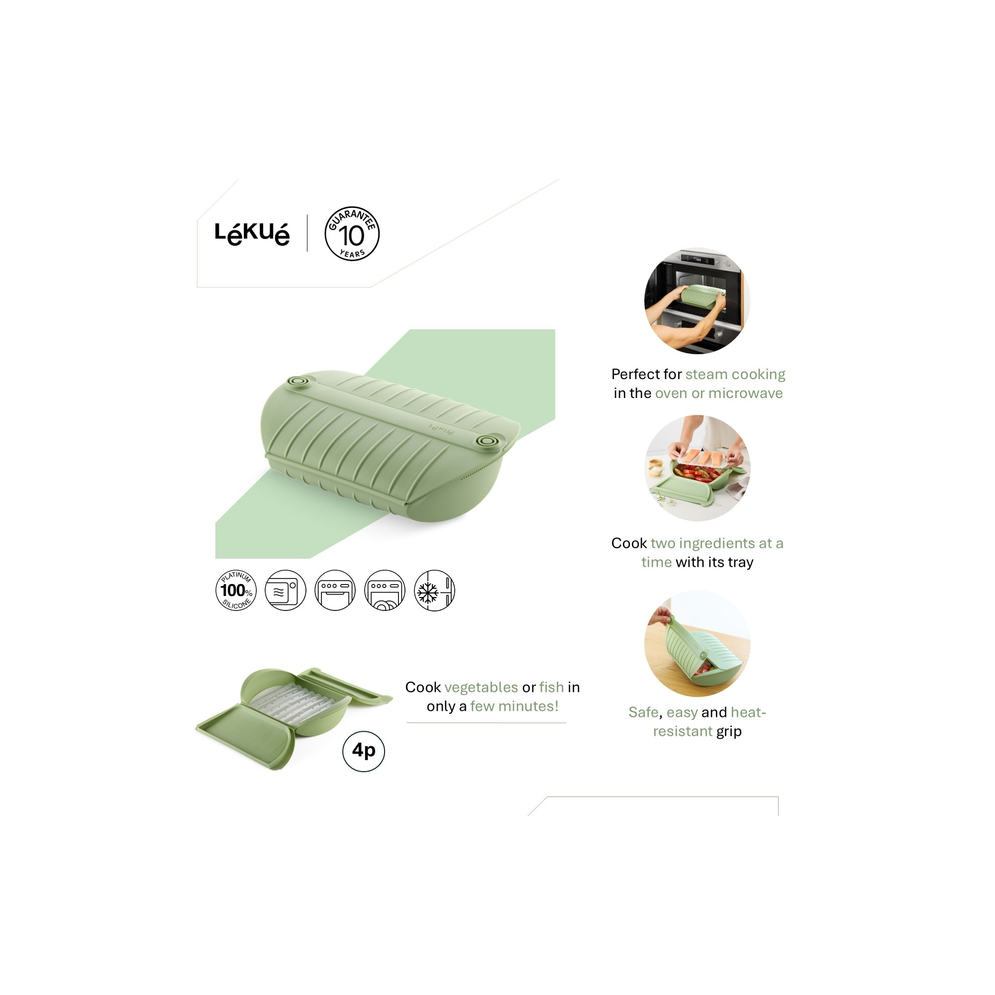 Estojo de vapor em silicone com tabuleiro para 4 pessoas e livro de receitas Lékué Verde-4