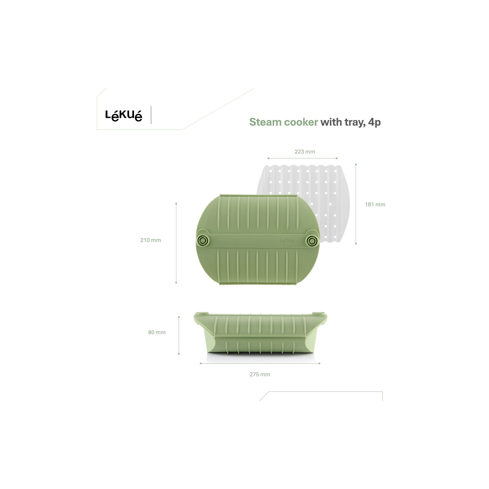 Estojo de vapor em silicone com tabuleiro para 4 pessoas e livro de receitas Lékué Verde-5