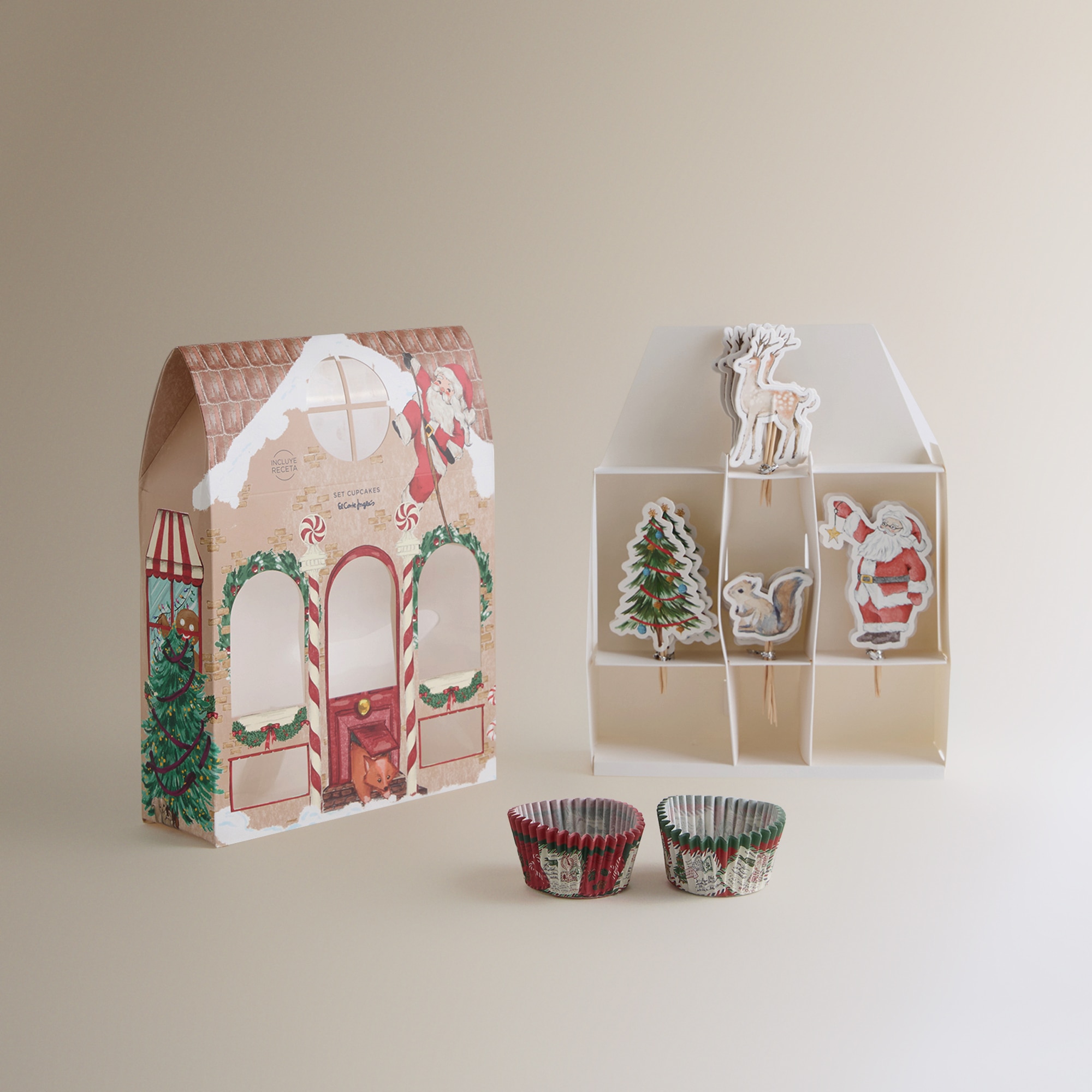 Conjunto de 24 Moldes e 24 Adornos para Cupcakes Casa Pai Natal Multicolor-1