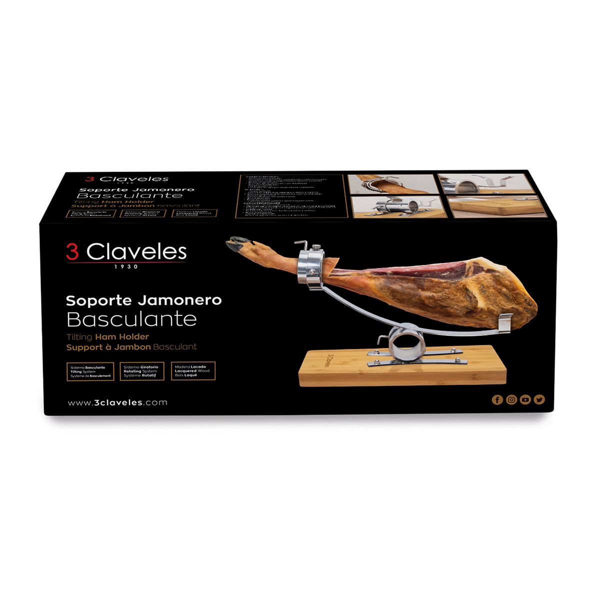 Suporte para Presunto Basculante com Base de Bambu 3 Claveles Aço-9