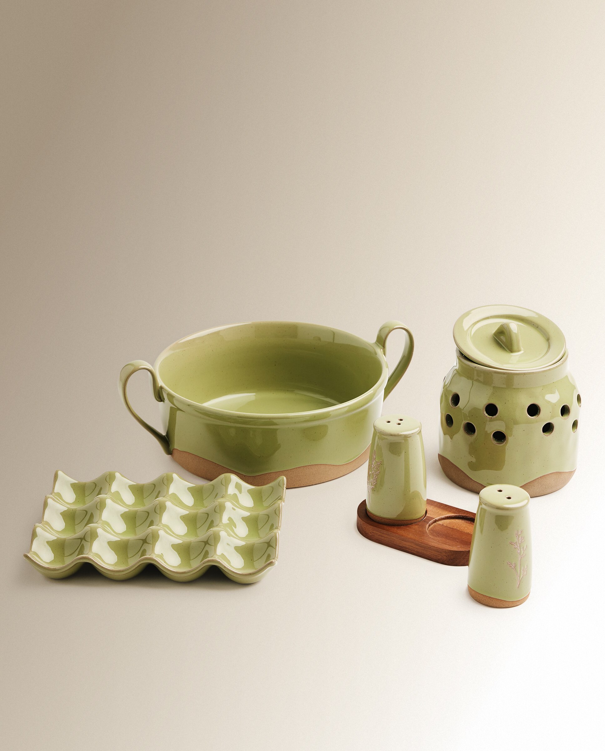 Conjunto de Saleiro e Pimenteiro de Cerâmica Rústico Verde-5