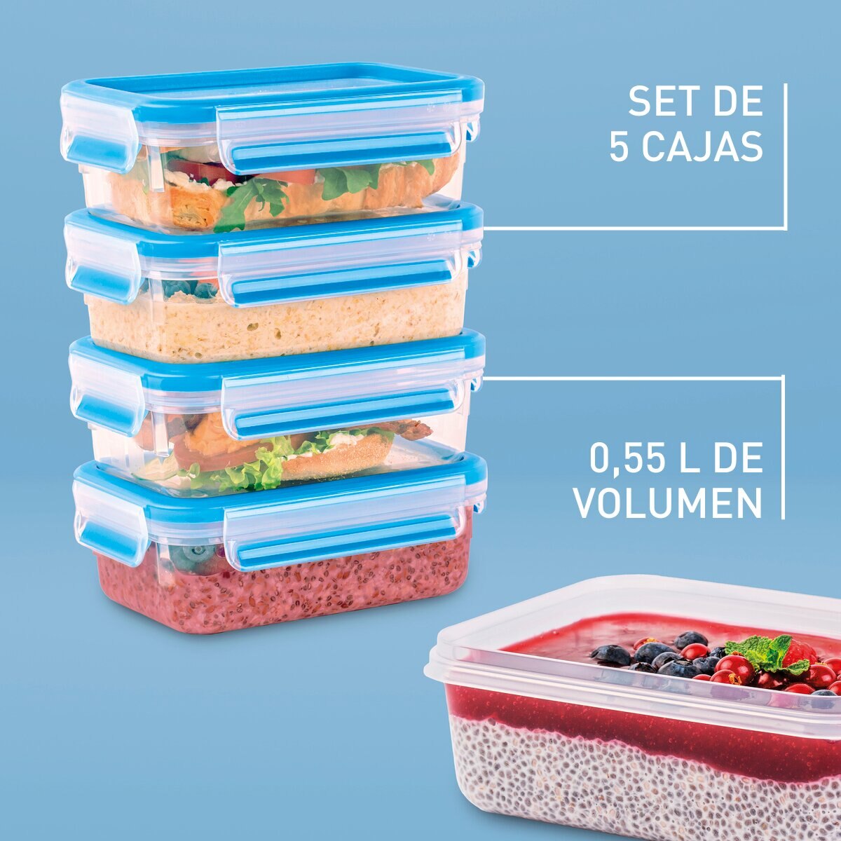 Conjunto de 5 Recipientes Herméticos Clip&Close Azul-2