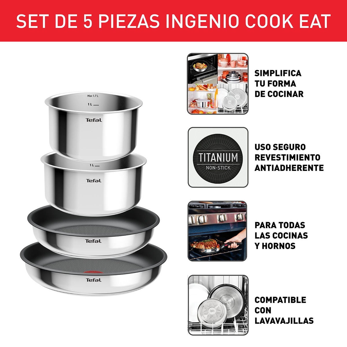 Conjunto de 4 Peças de Aço Inoxidável + Cabo Amovível Ingenio Aço-7