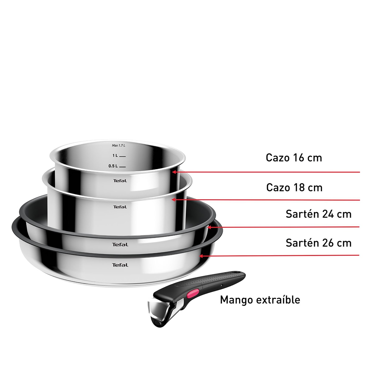 Conjunto de 4 Peças de Aço Inoxidável + Cabo Amovível Ingenio Aço-9