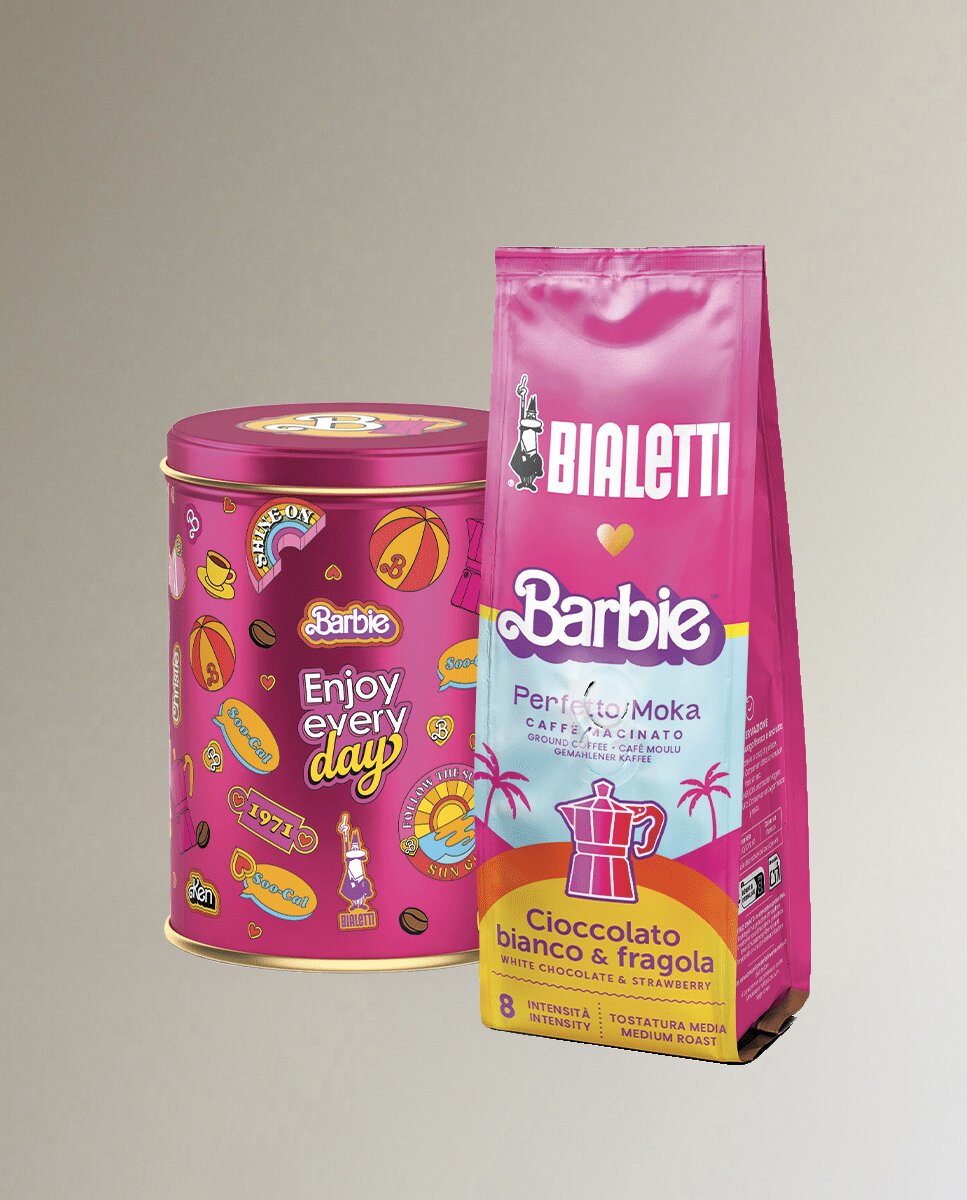 Imagen 0 de Set lata de café y bolsa café molido Perfetto Moka Barbie Bialetti Rosa