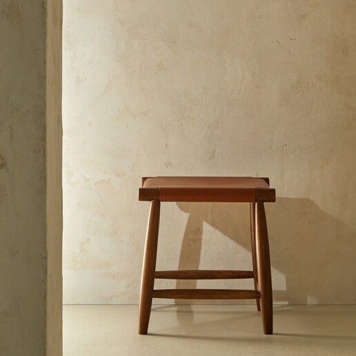 Taburete de madera de acacia y piel Rusty