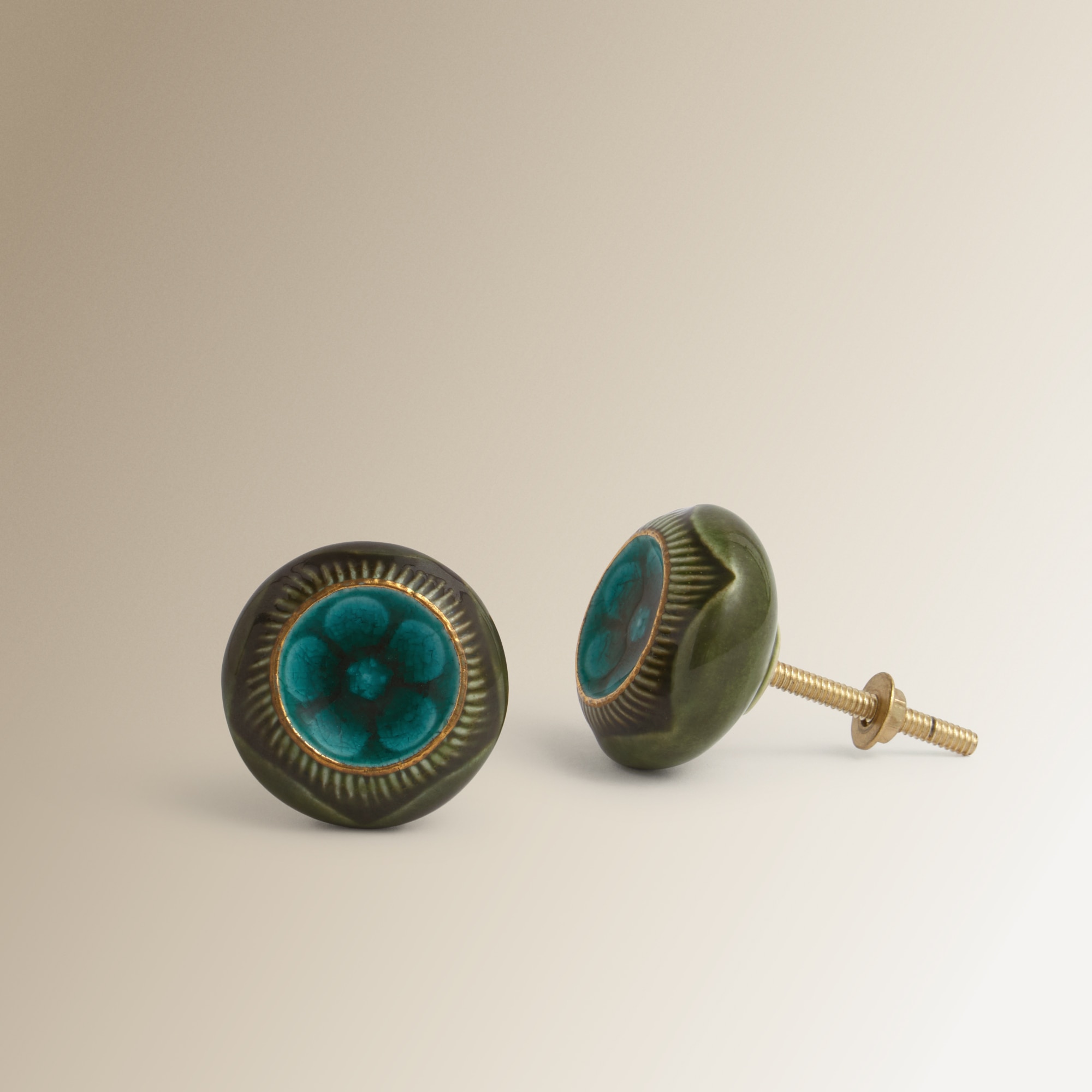 Conjunto de 2 puxadores glazed verdes com rebordo dourado Gress El Corte Inglés Verde-3