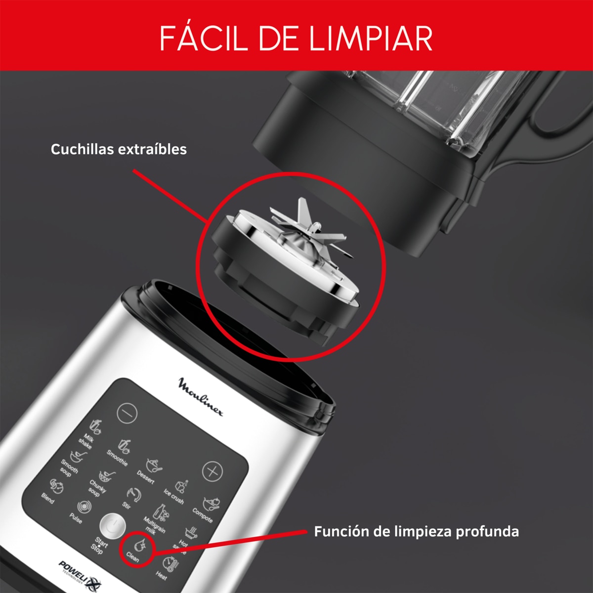 Batidora de Vaso Moulinex PerfectMix Cook LM835D, Cuchillas Powelix Negro-7