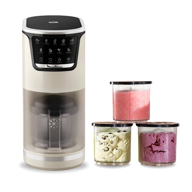 Heladera Moulinex MJ602 Dolci, 9 Programas de Helados, 3 Tarrinas de Tritán, 1,4 L, 600 W, Autolimpieza