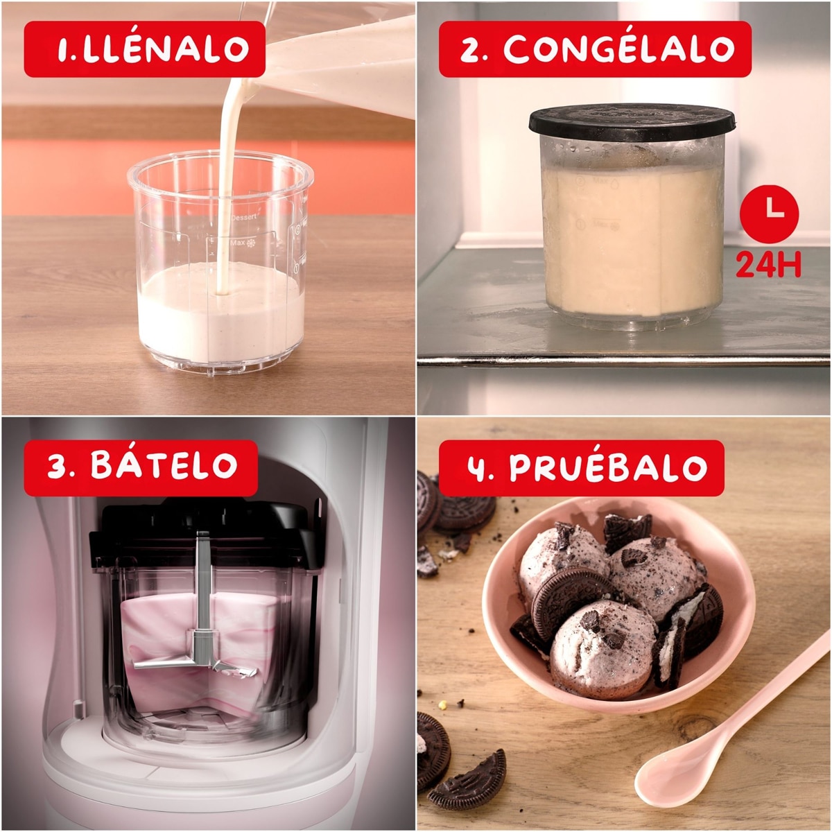 Heladera Moulinex MJ602 Dolci, 9 Programas de Helados, 3 Tarrinas de Tritán, 1,4 L, 600 W, Autolimpieza Blanco roto-3
