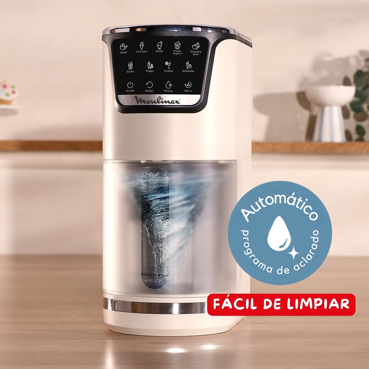 Heladera Moulinex MJ602 Dolci, 9 Programas de Helados, 3 Tarrinas de Tritán, 1,4 L, 600 W, Autolimpieza Blanco roto-4