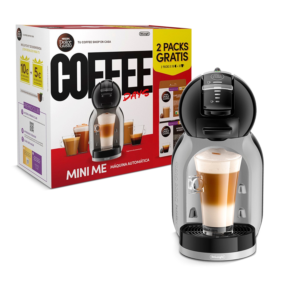 Cafetera espresso automática De'Longhi Mini Me Thermoblock ED155 para cápsulas Nescafé Dolce Gusto + 2 packs de café 6
