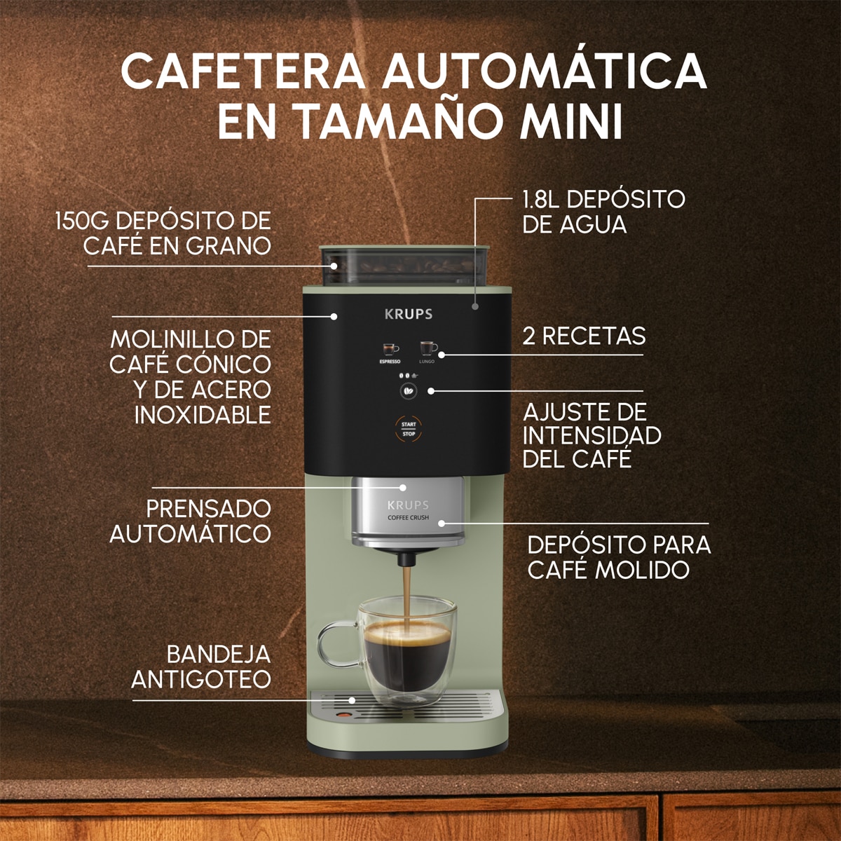 Cafetera superautomática Krups Coffee Crush Experience SA401L con 15 bares y autoprensado Verde Oliva-3