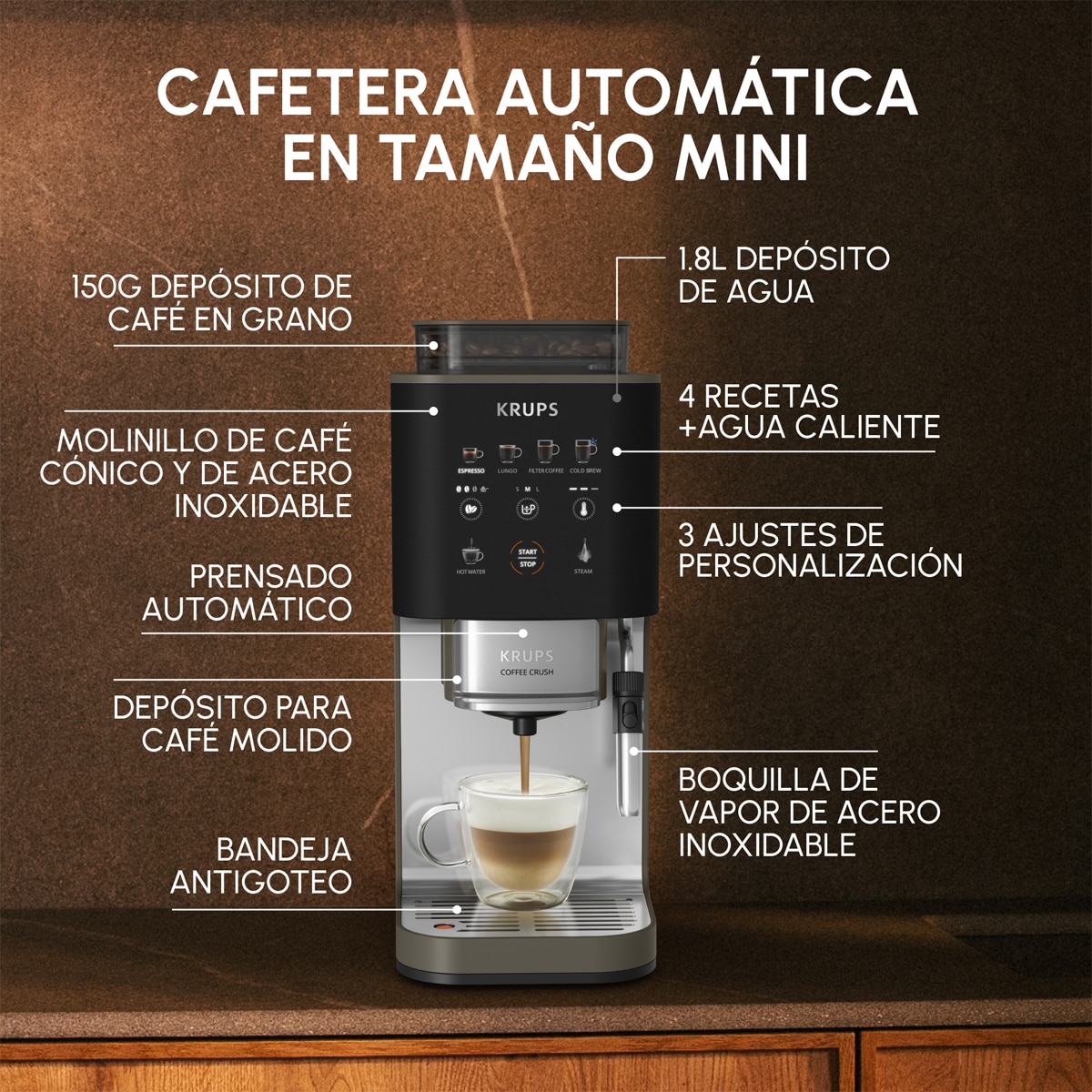Cafetera superautomática Krups Coffee Crush Experience SA403B 15 bares y autoprensado Gris inox-3