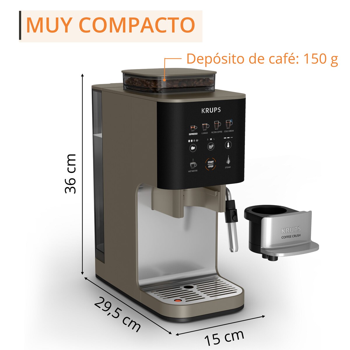 Cafetera superautomática Krups Coffee Crush Experience SA403B 15 bares y autoprensado Gris inox-7