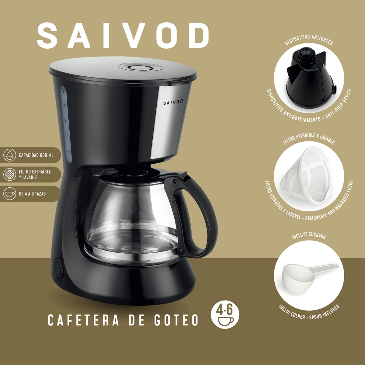Cafetera de goteo Saivod GC-217 con capacidad para 6 tazas Negro-5