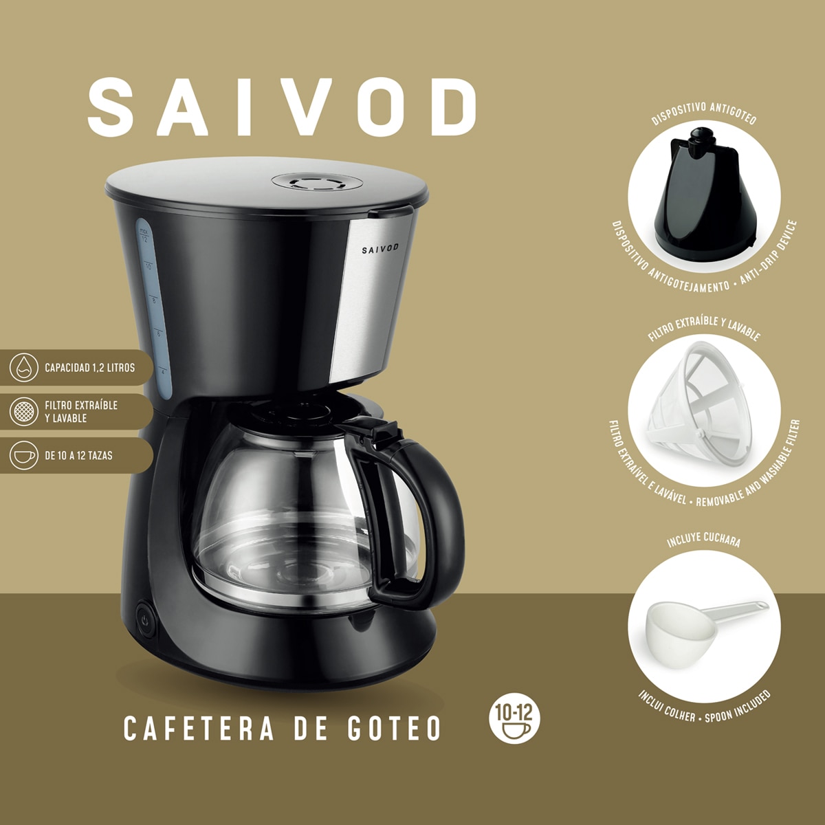 Cafetera de goteo Saivod GC-251 con capacidad para 12 tazas Negro-5