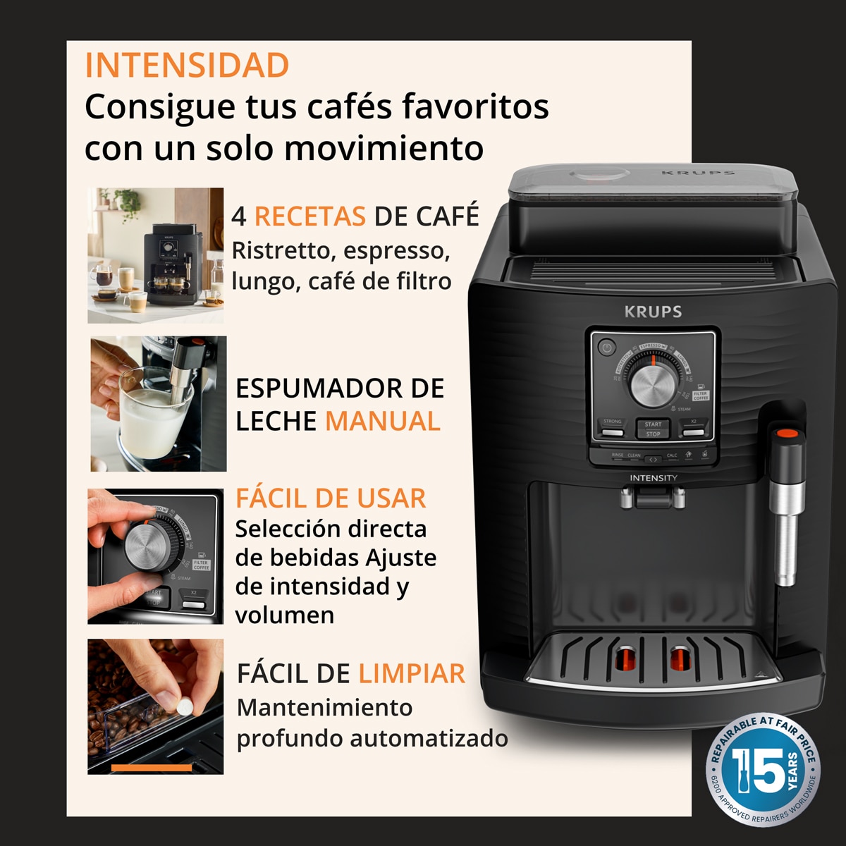 Cafetera superautomática Krups Intensity Milk EA5008 Boquilla de vapor, 4 Bebidas Negro-5