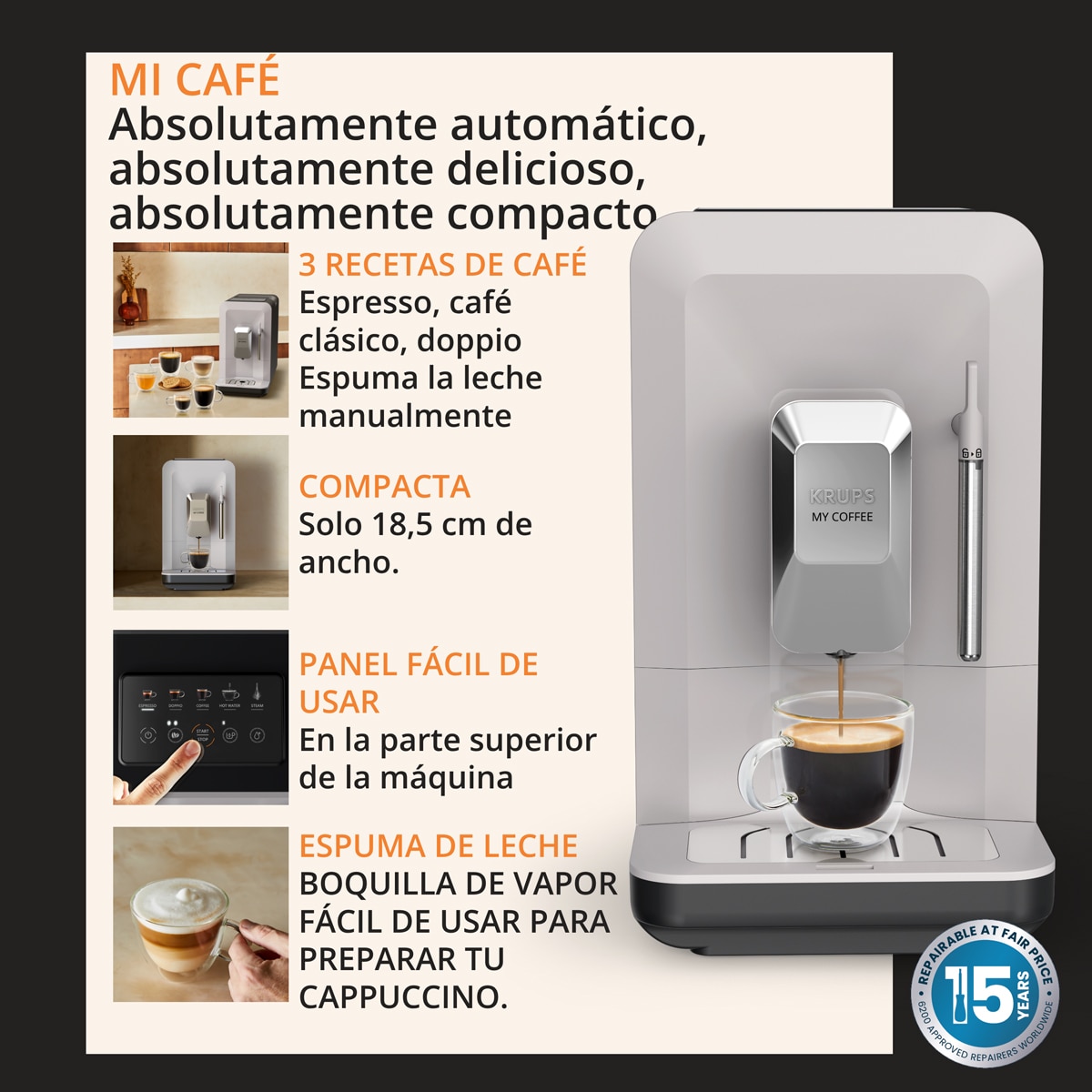 Cafetera superautomática Krups My Coffee EA2004 Pantalla táctil, Molinillo de Acero Inoxidable Gris-3
