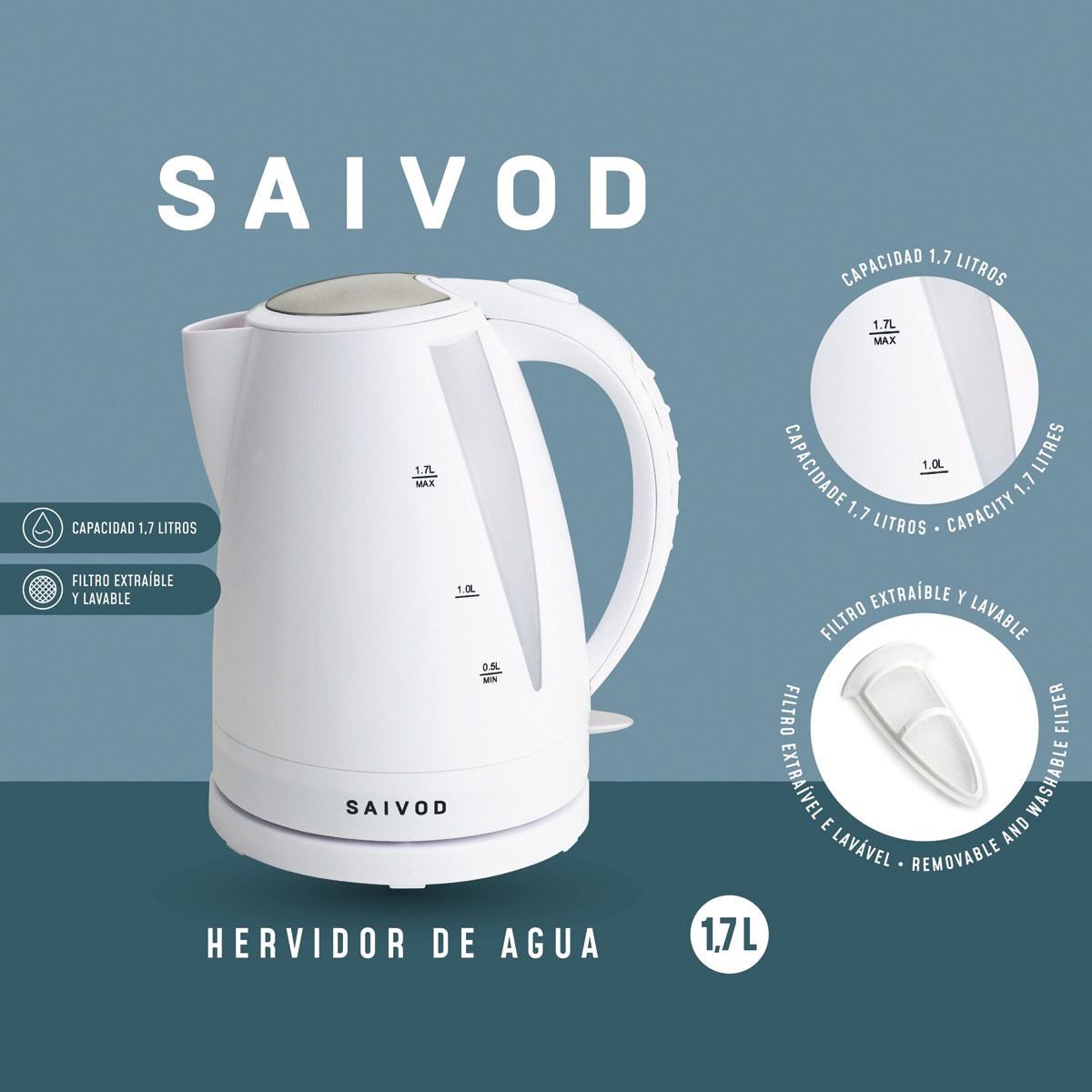 Jarro Elétrico Saivod HA-35 de 2200 W e Capacidade de 1,7 Litros - Branco Branco-3