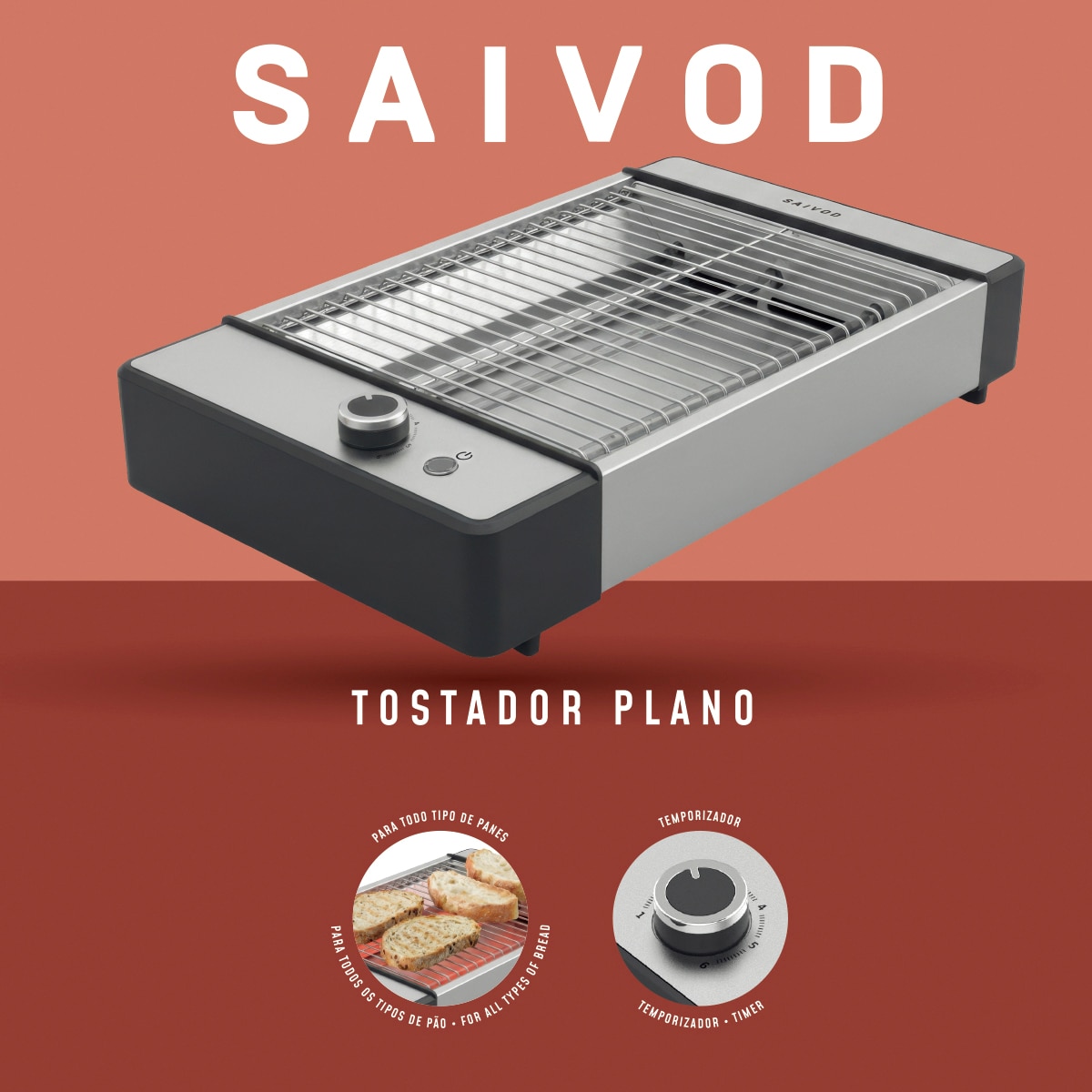 Tostador plano Saivod TP-126, mecánico, con 3 elementos de calor Inox-4