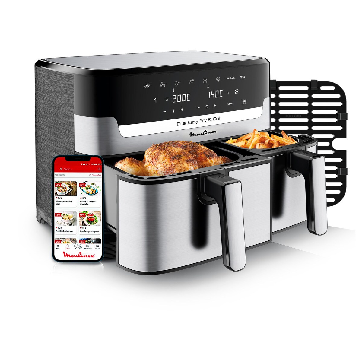 Freidora de Aire Moulinex Dual Easy Fry & Grill, Cocina Dos Platos Simultáneamente, 8.3L Negro / Inox-3